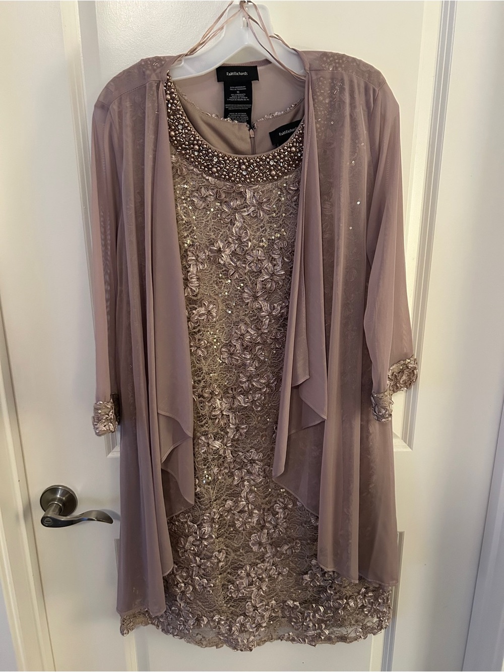 R&M Richards Mauve Beaded Lace Evening Dress with Sheer Overlay